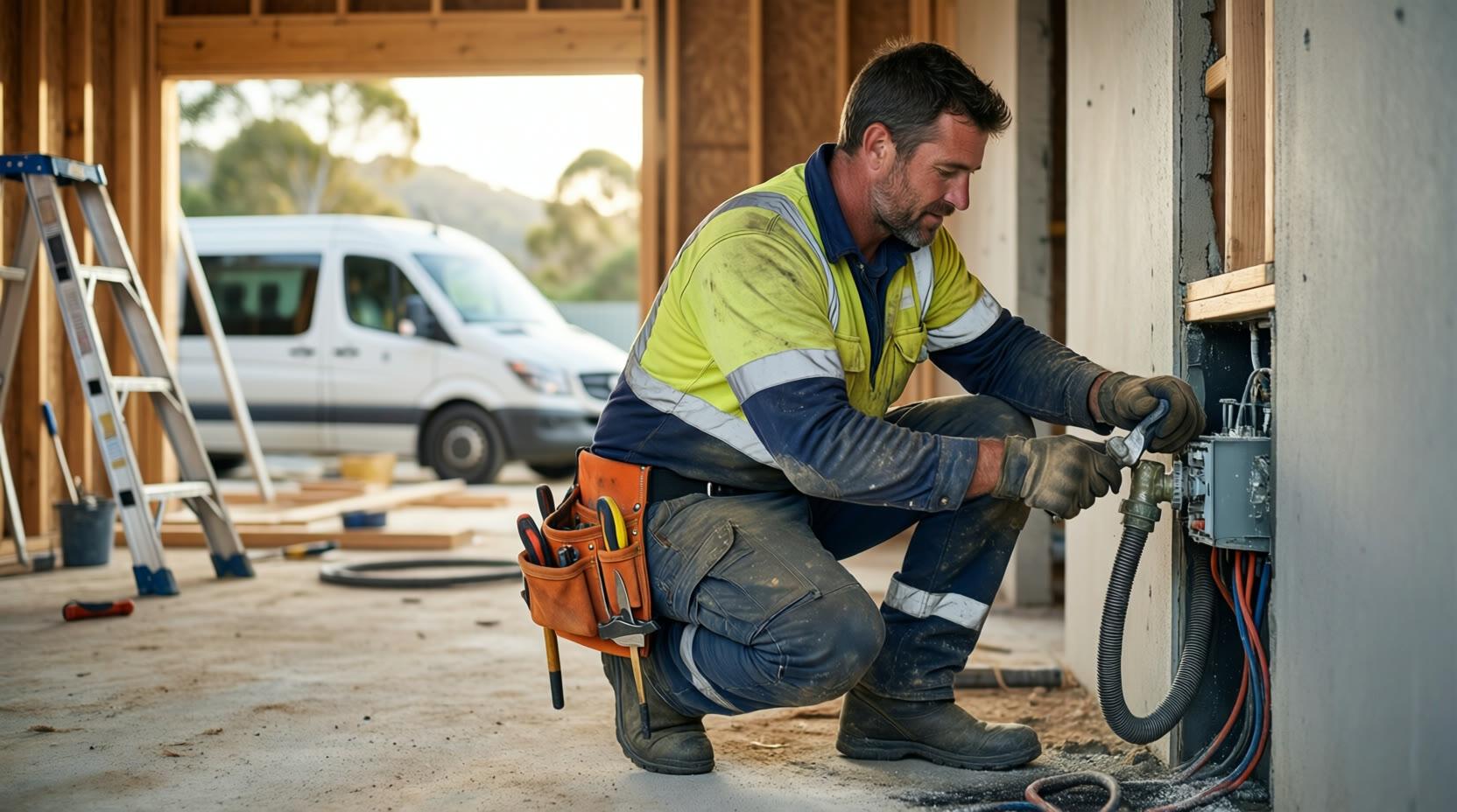 Tradesperson working on the job at their van while Frontly books the next job for them