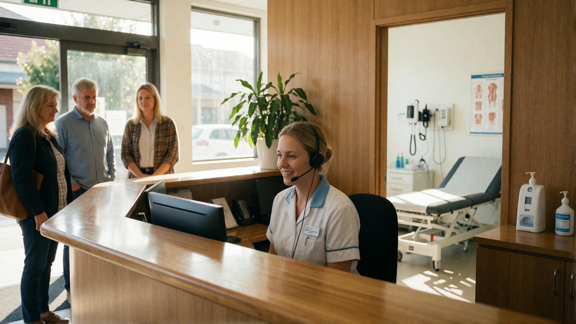 Primary care clinic reception with waiting patients and an exam room behind