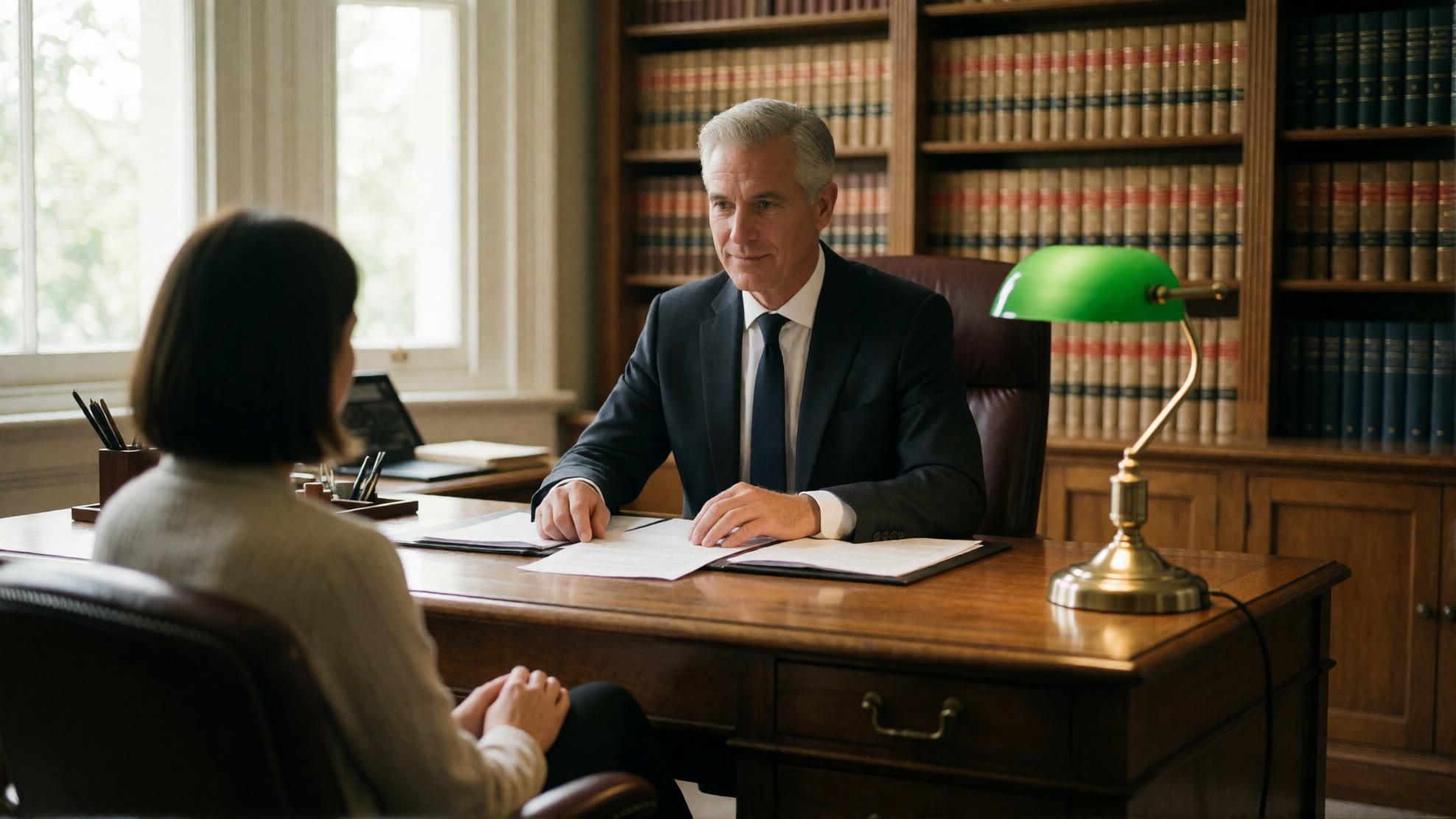 Attorney consulting a client across the desk in a law library