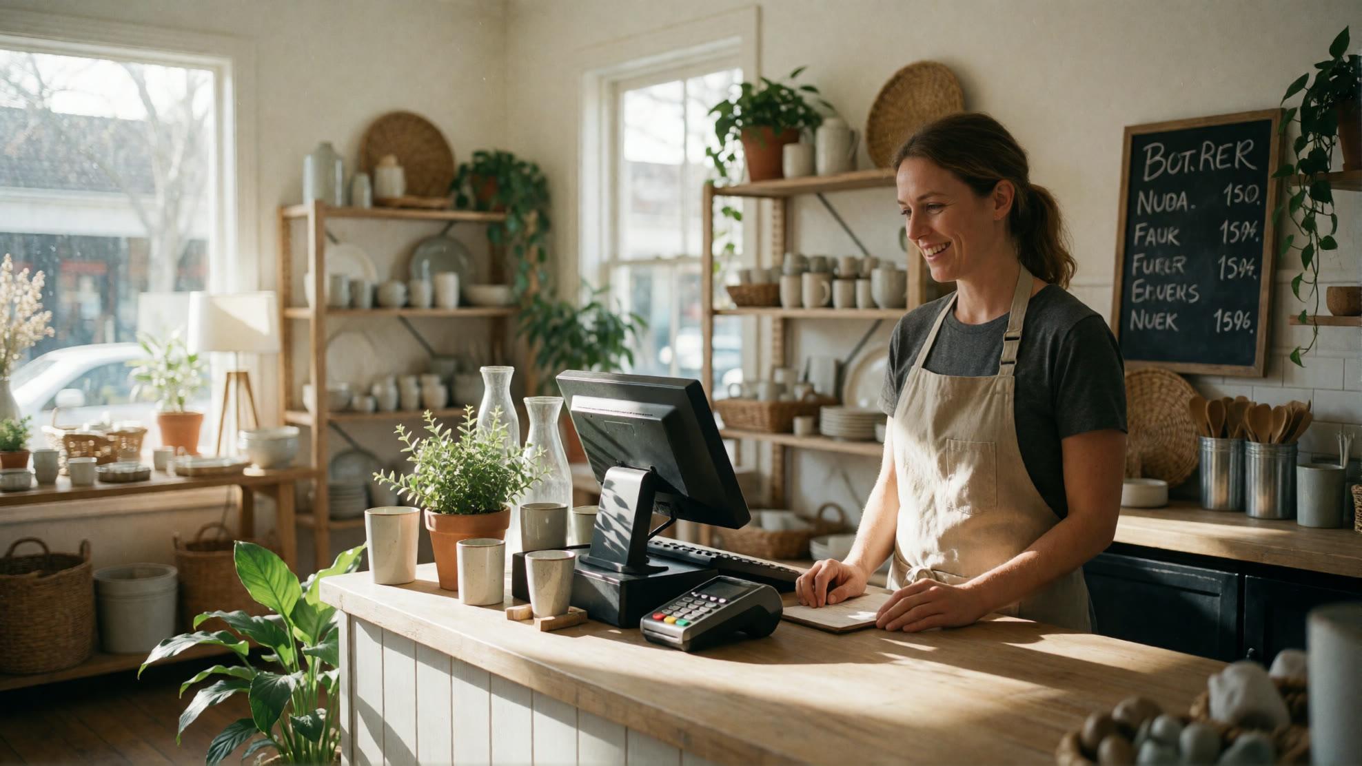 Small shop owner serving a customer while the phone rings