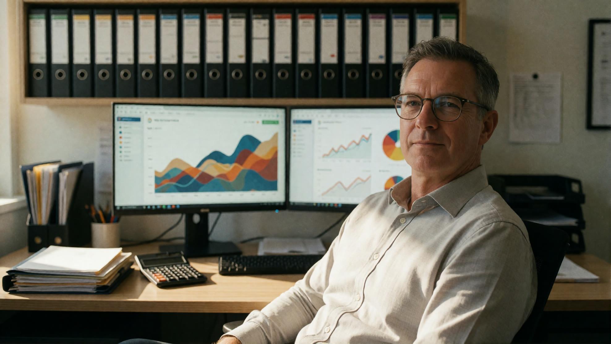 Accountant reviewing clean financial dashboards with busy season under control