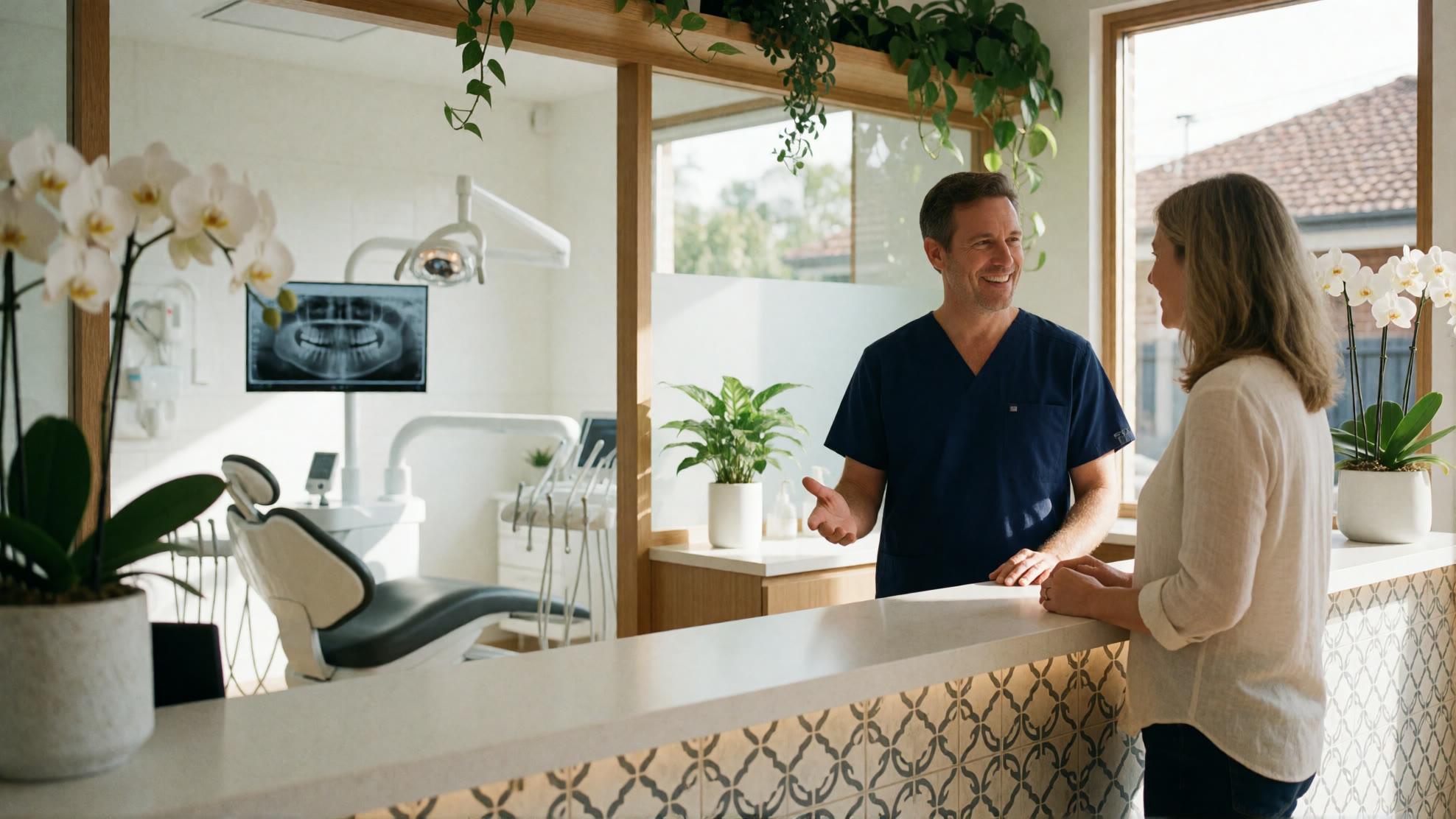 Dentist greeting a patient at the front desk of a modern clinic