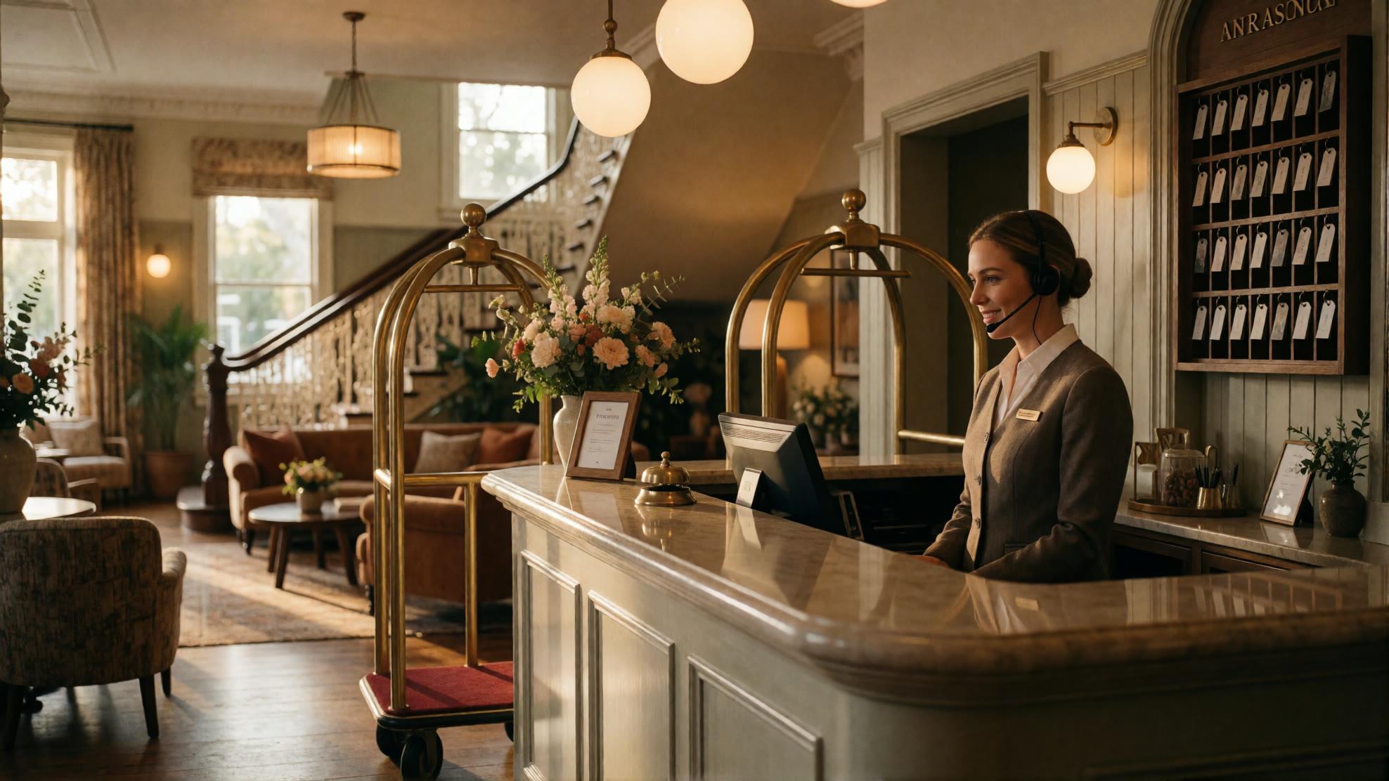 Hotel reception desk lit at night with nobody on duty