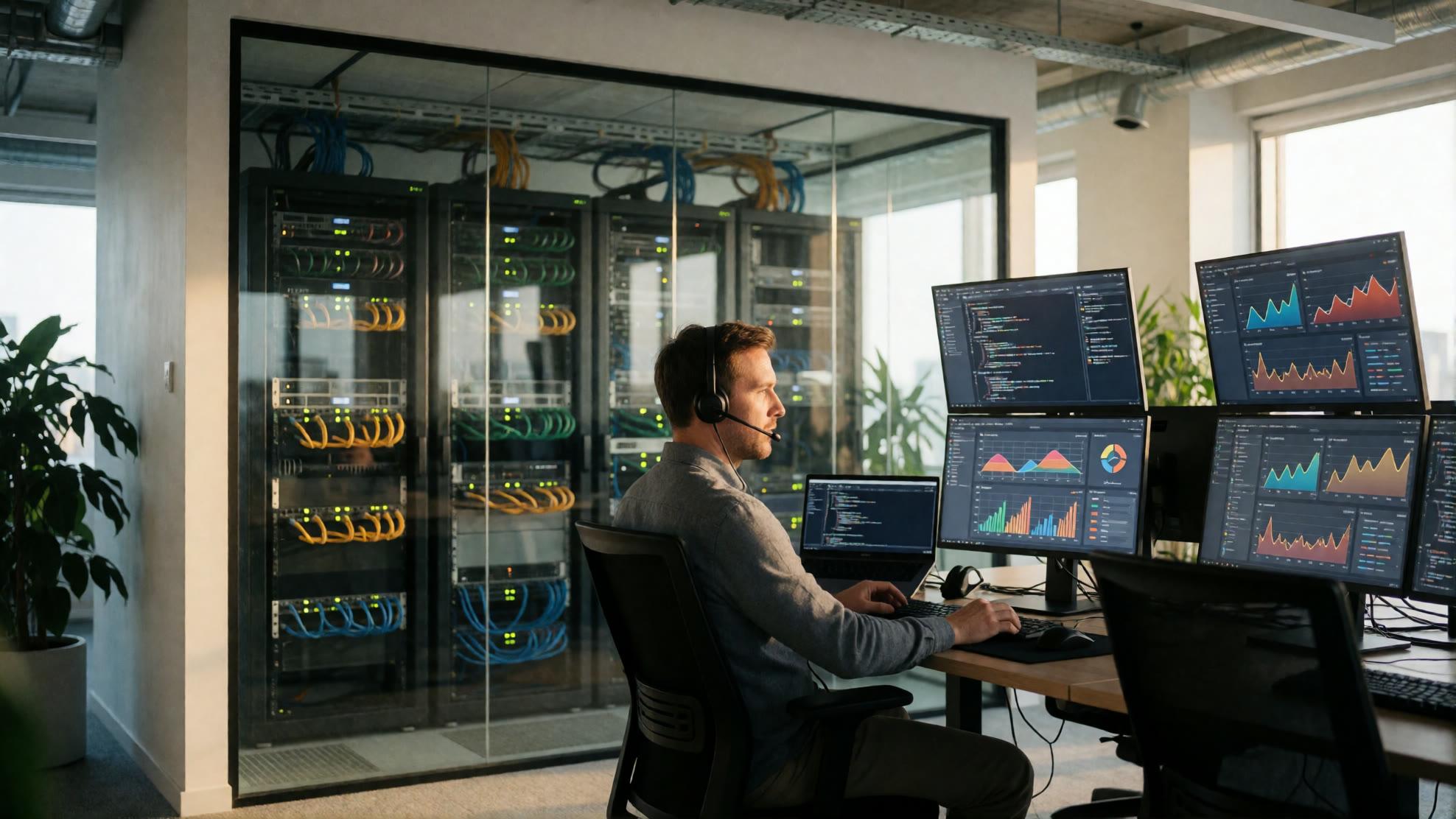 IT technician taking a client call, server room behind glass