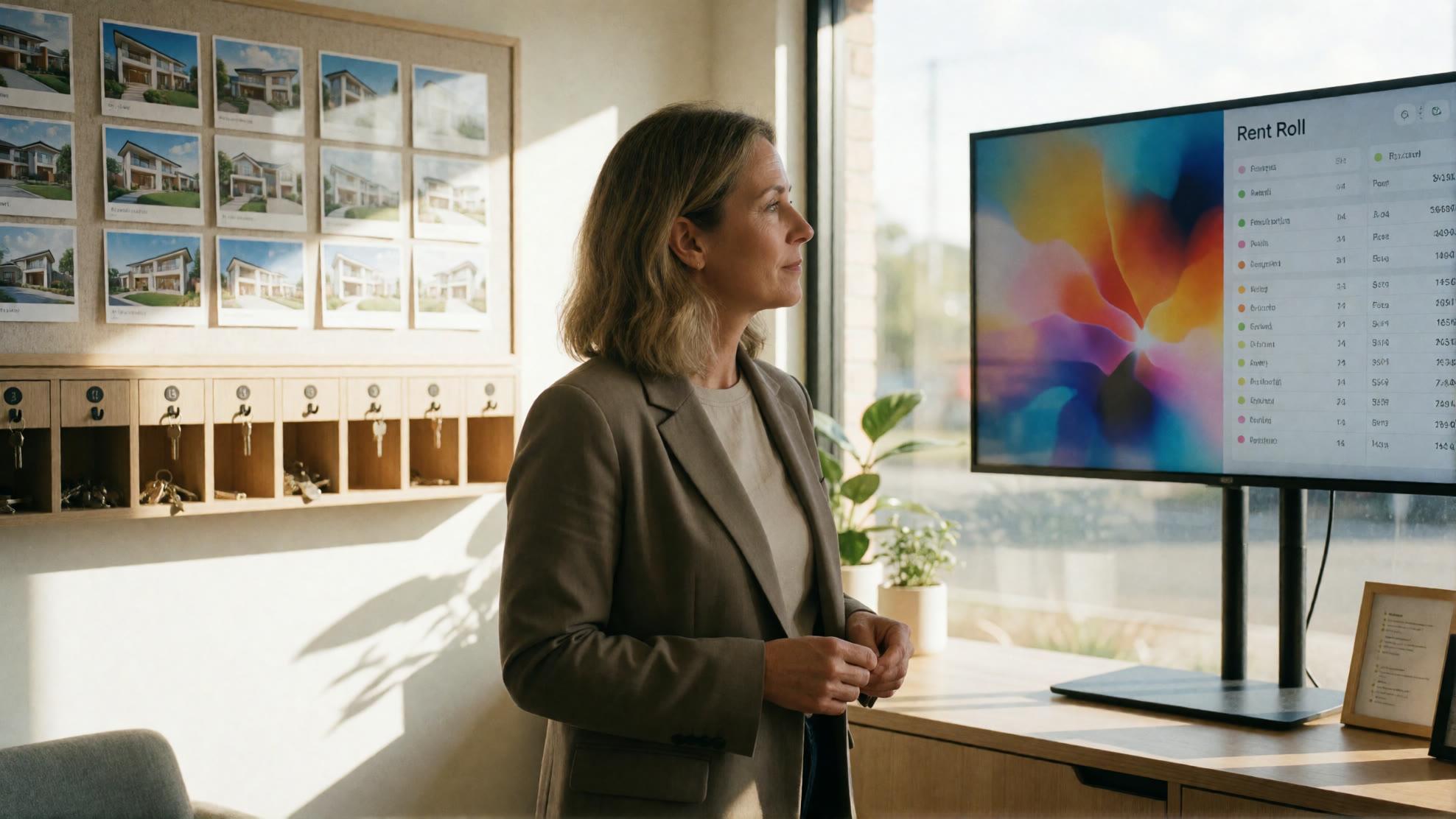 Property manager reviewing the rent roll on a large screen