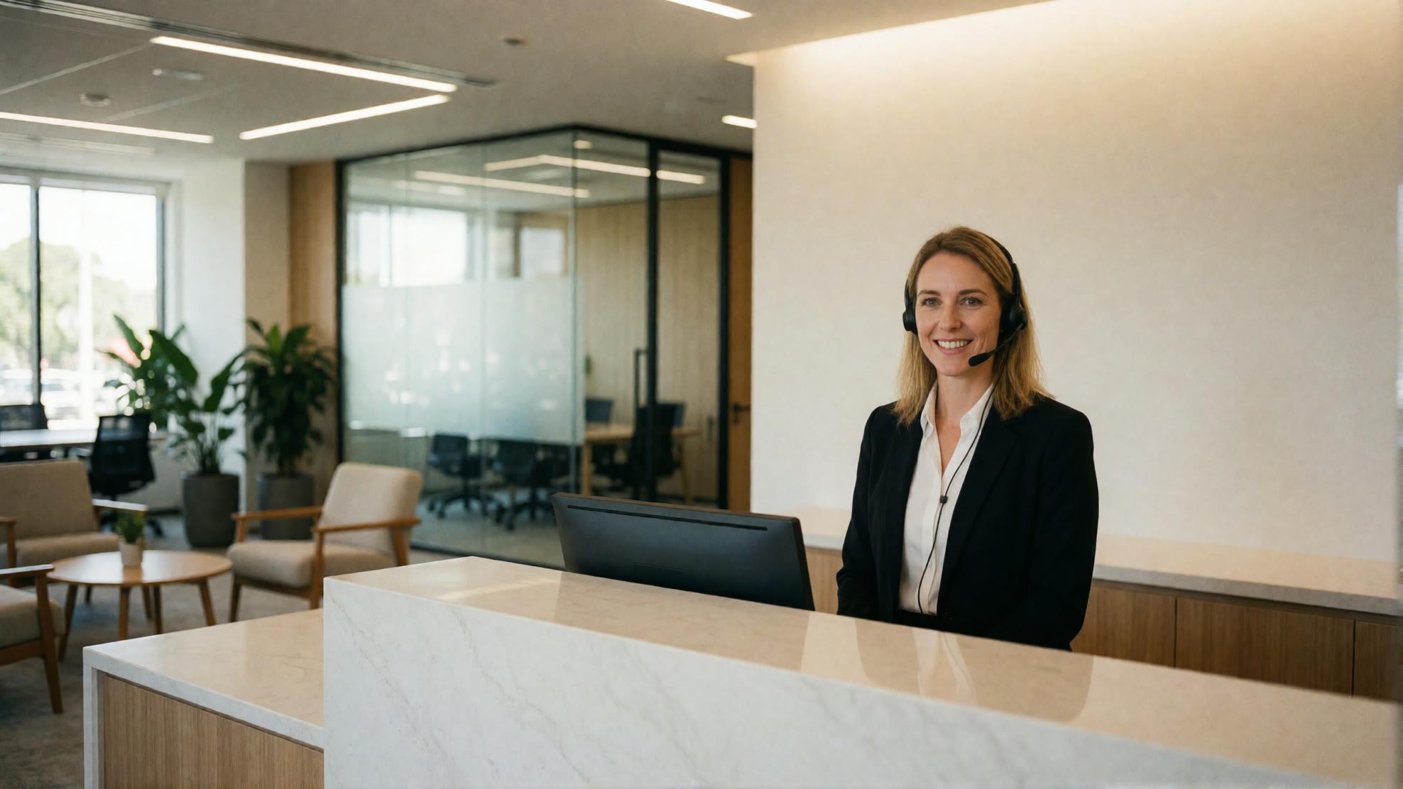Receptionist taking a call at a busy office front desk